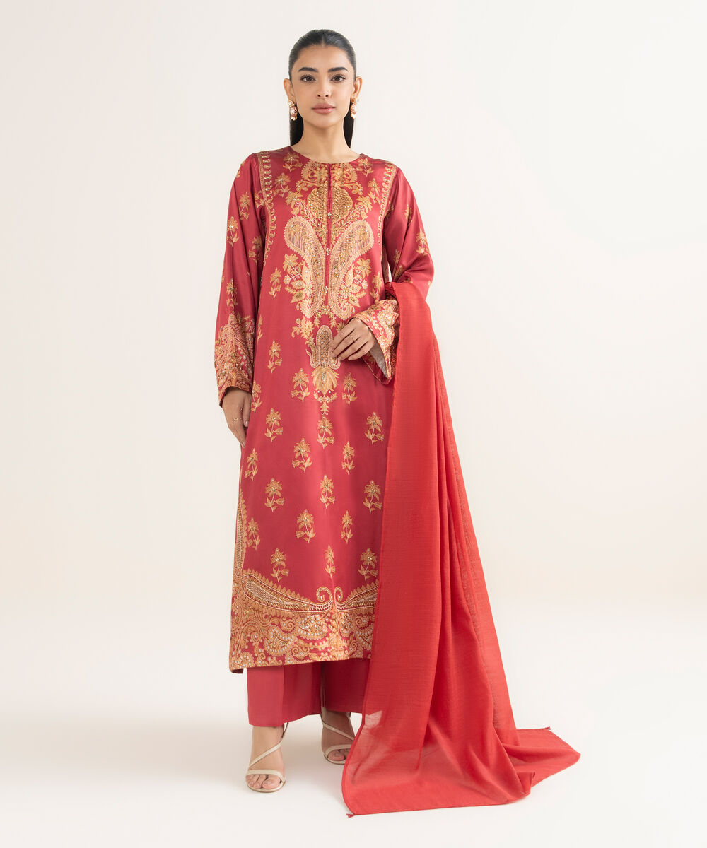 Women's RTW Blended Satin Embroidered Red 3 Piece Suit