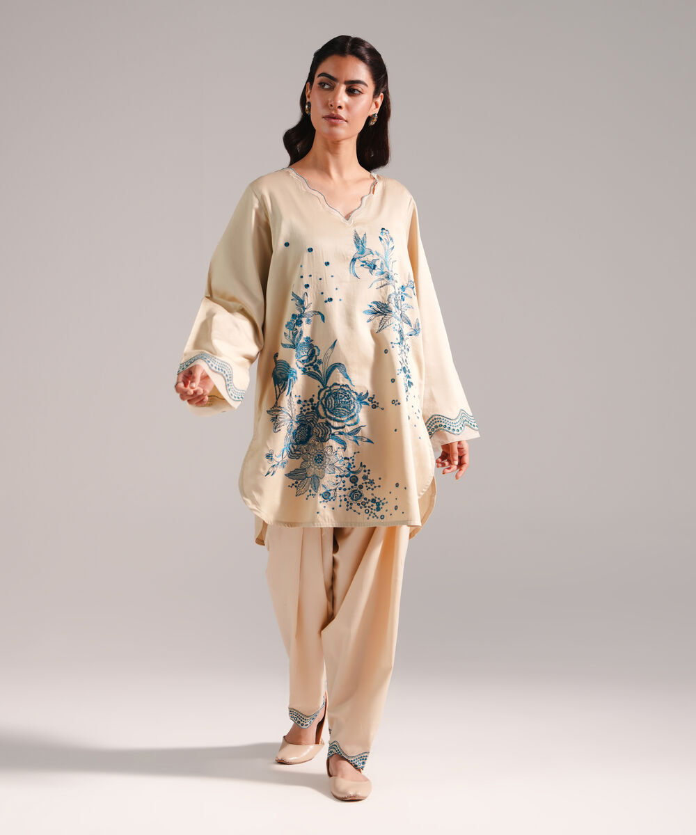 Women's RTW Cotton Satin Embroidered Beige Straight Shirt