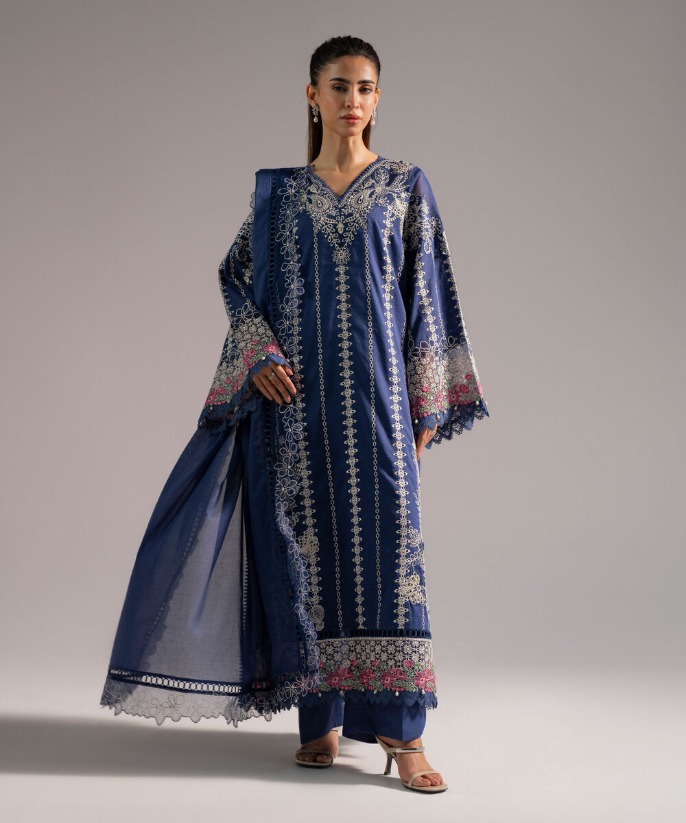Women's RTW Dobby Embroidered Dark Blue 3 Piece Suit