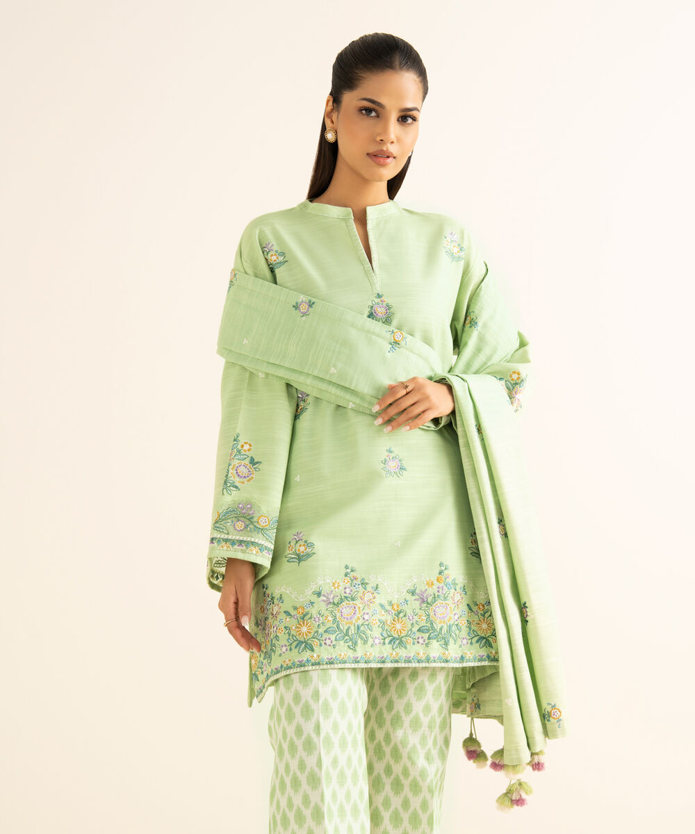 Women's Unstitched Khaddar Embroidered Green 3 Piece Suit
