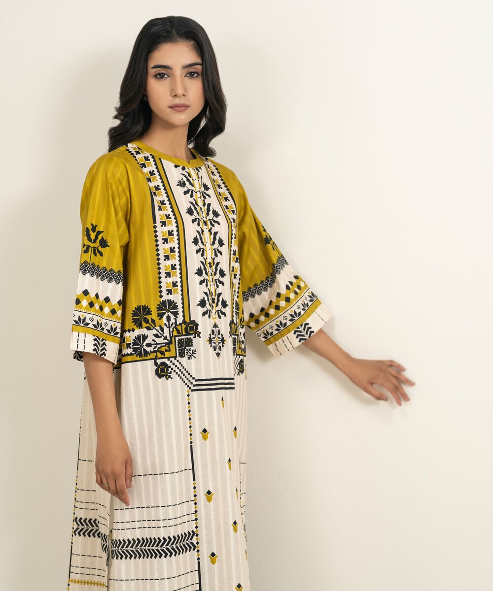 Women's RTW Textured Cotton Printed Mustard Yellow A-Line Shirt