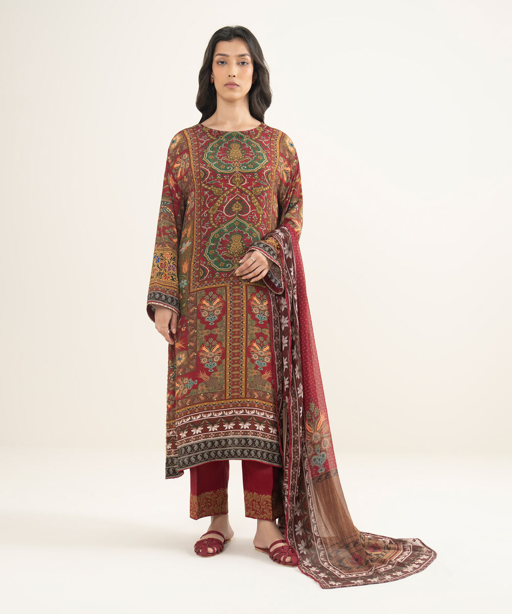 Women's RTW Bemberg Grip Printed Red 3 Piece Suit