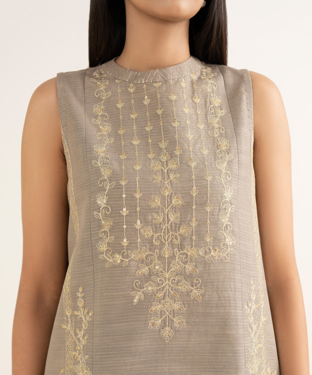 Women's Unstitched Embroidered Zari Khaddar Beige 3 Piece Suit