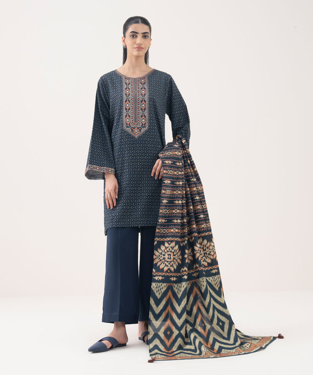 Women's RTW Light Khaddar Embroidered Blue Straight Shirt