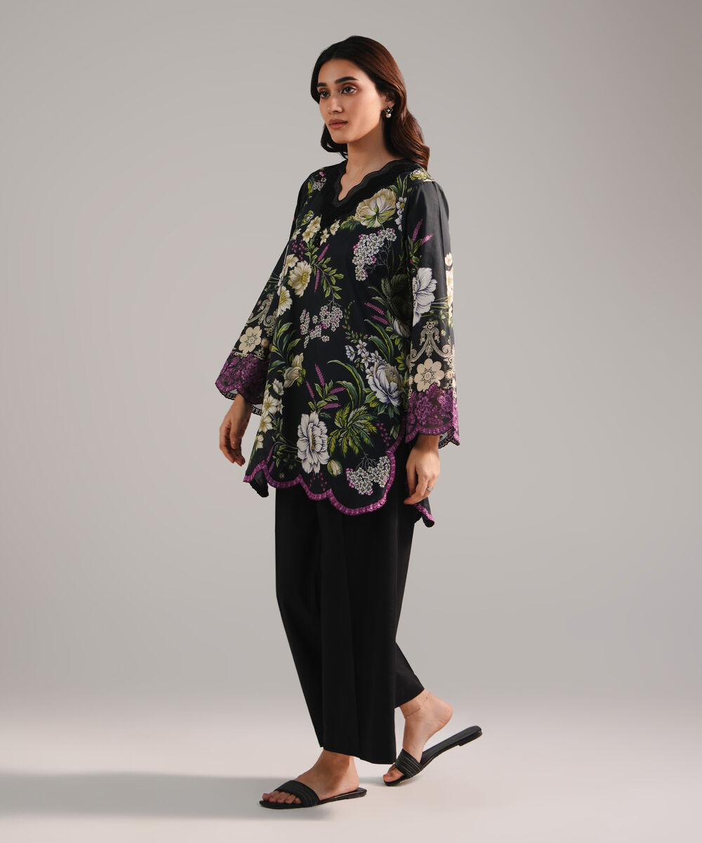 Women's RTW Lawn Embroidered Black Straight Shirt