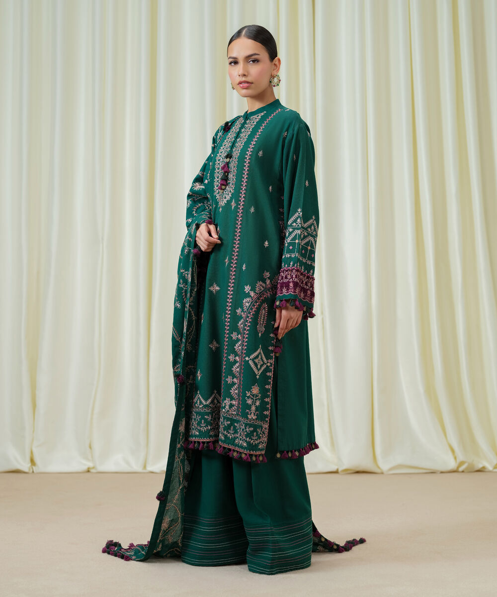Women's Unstitched Cotton Karandi Embroidered Green 3 Piece Suit