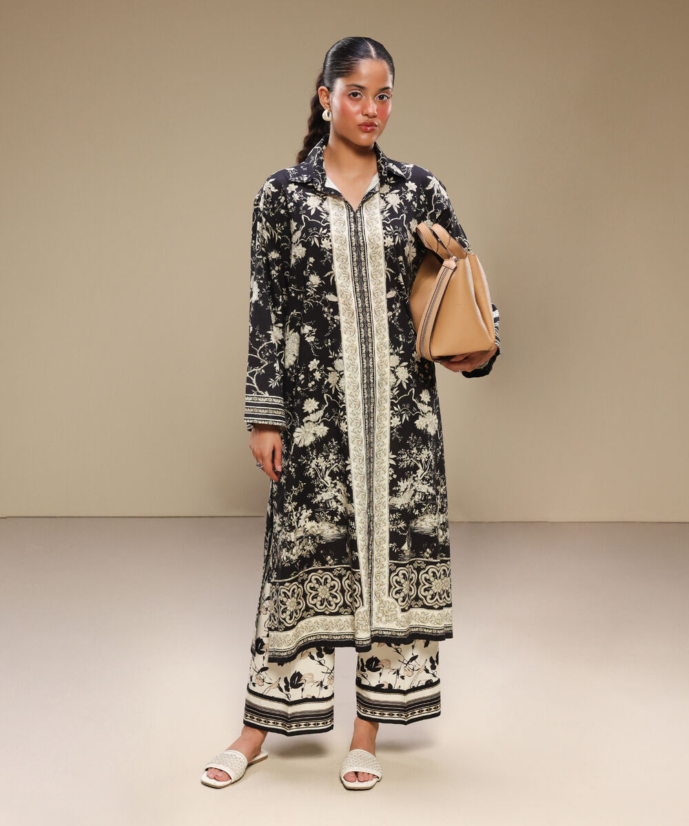 Women's RTW Lawn Printed Black Straight Shirt