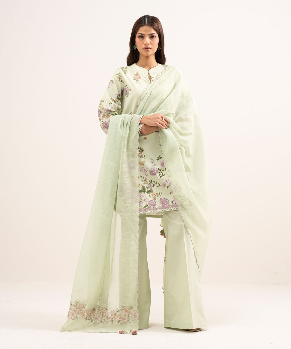 Women's Unstitched Lawn Embroidered Green 3 Piece Suit