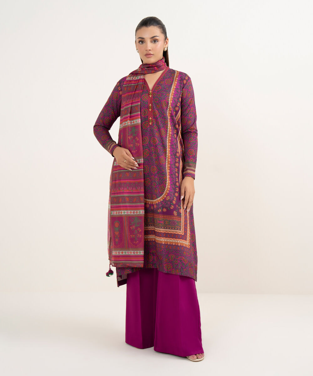 Women's Unstitched Lawn Printed Magenta Three Piece Suit
