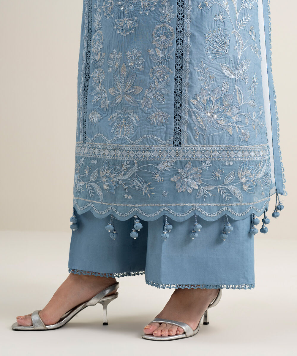 Women's Unstitched Lawn Embroidered Sky Blue 3 Piece Suit