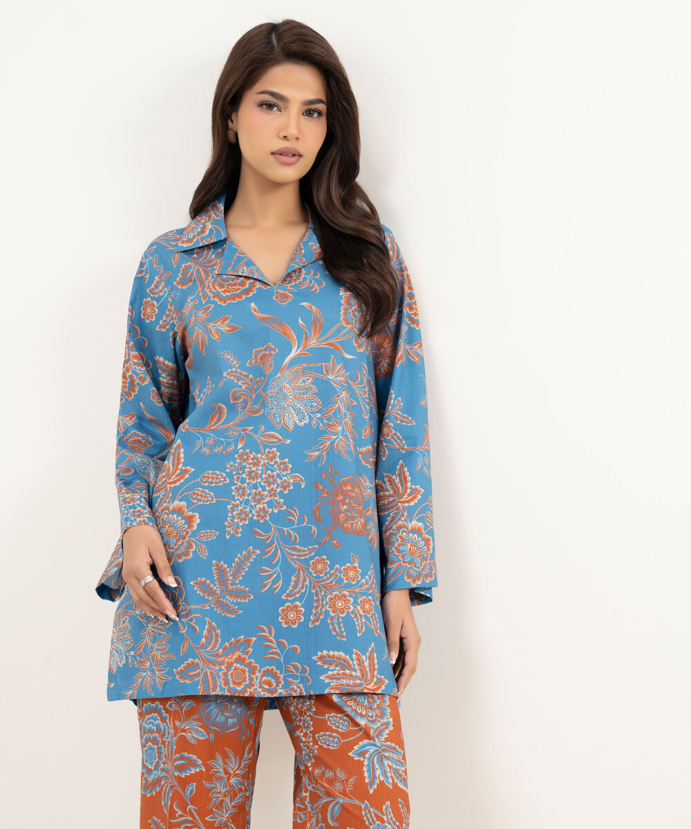 Women's RTW Seersucker Printed Blue Straight Shirt