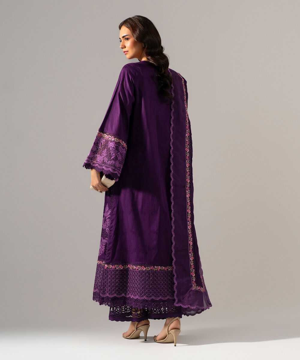 Women's RTW Self Jacquard Solid Embroidered Purple 3 Piece Suit