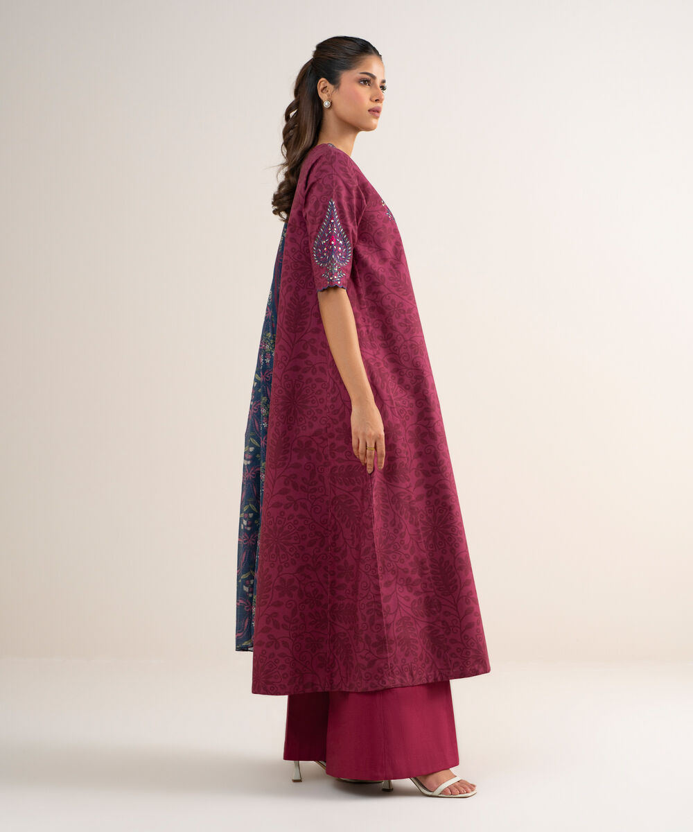 Women's Unstitched Cotton Embroidered Red 3 Piece Suit