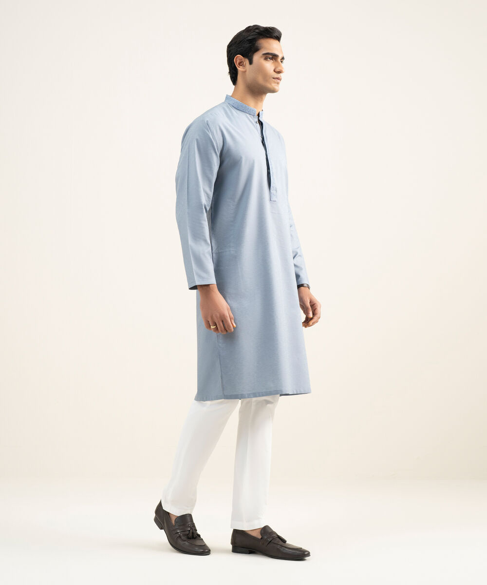Men's Stitched Cotton Jacquard Grey Kurta