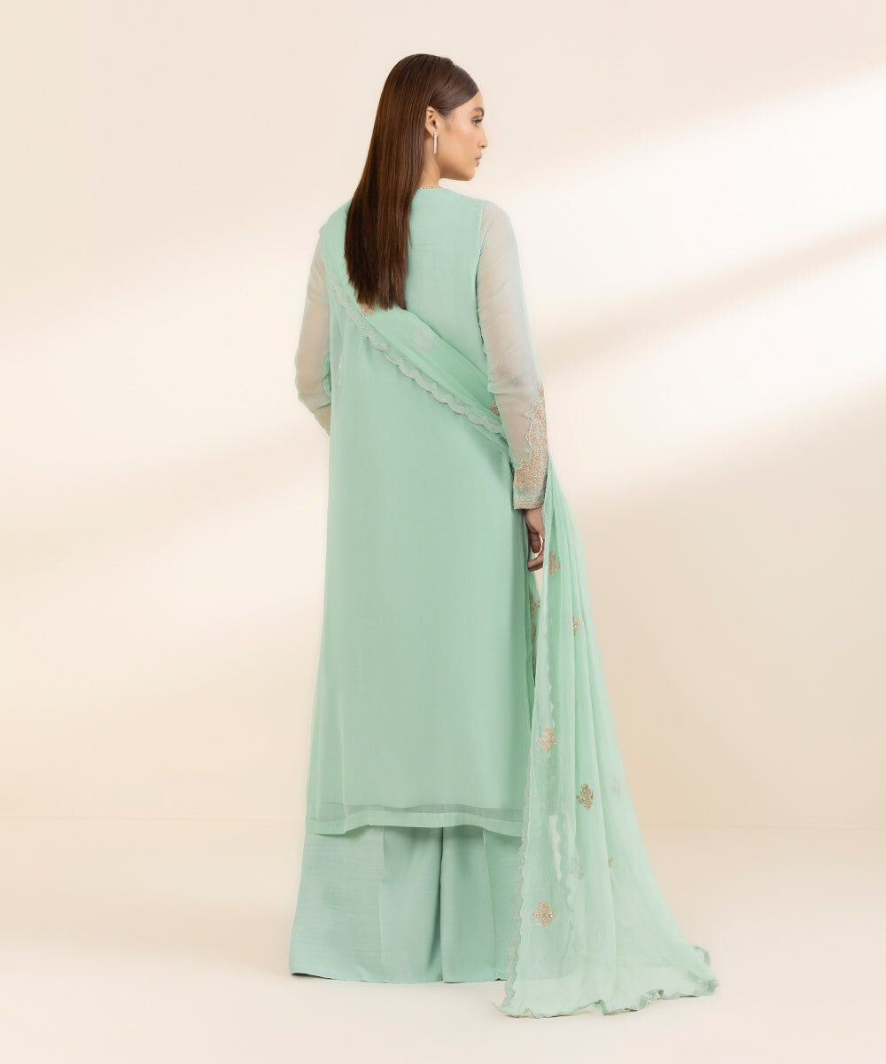 Woman - Blue 3 Piece - Embroidered Chiffon Suit