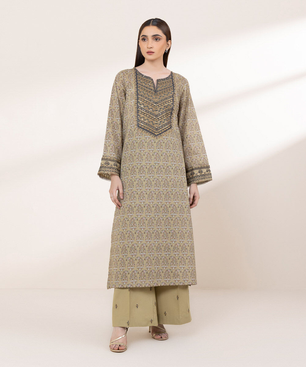 Women's RTW Lawn Green Embroidered A-Line Shirt