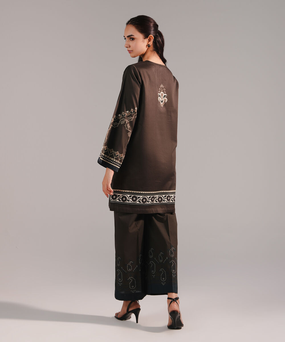 Women's RTW Cotton Satin Printed Dark Olive Green Straight Shirt