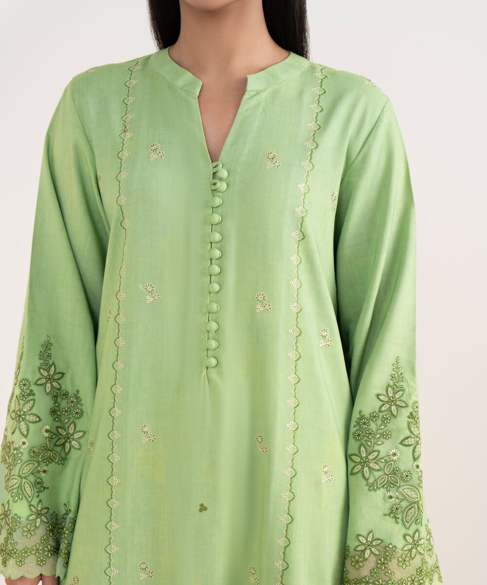Women's Unstitched Linen Embroidered Green 3 Piece Suit