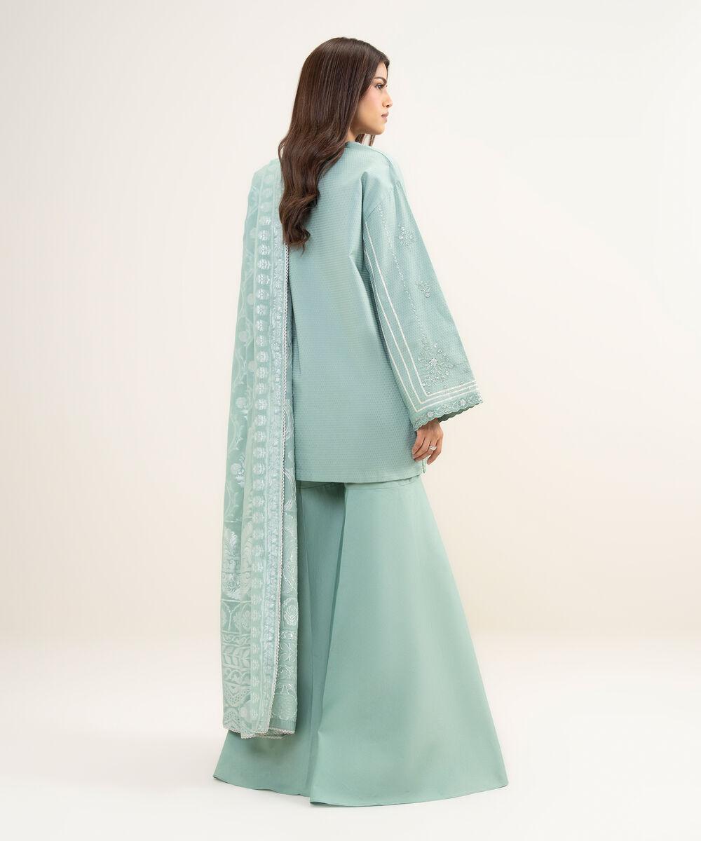 Women's Unstitched Dobby Embroidered Green 3 Piece Suit