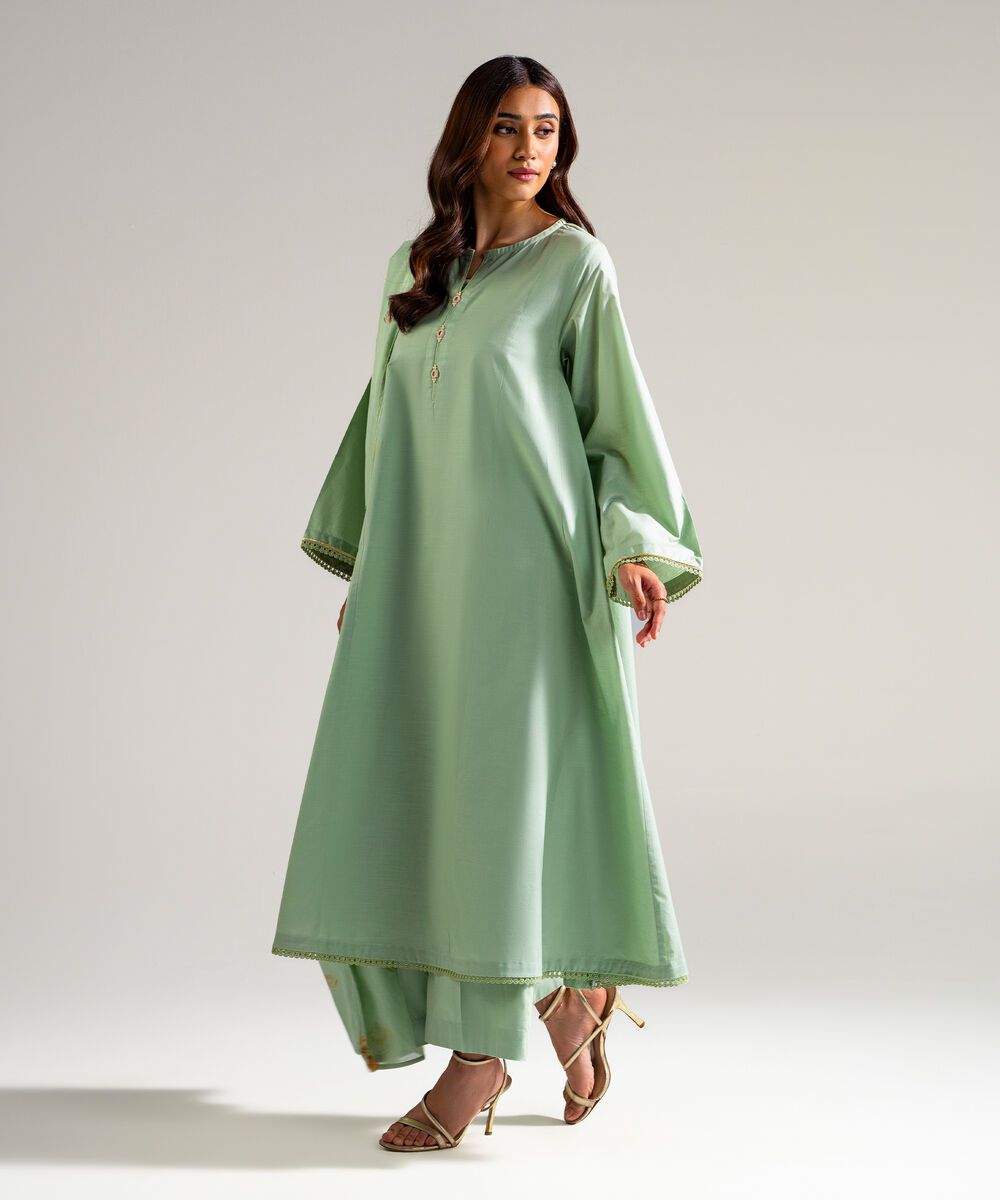 Women's RTW Slub Lawn Solid Green 3 Piece Suit