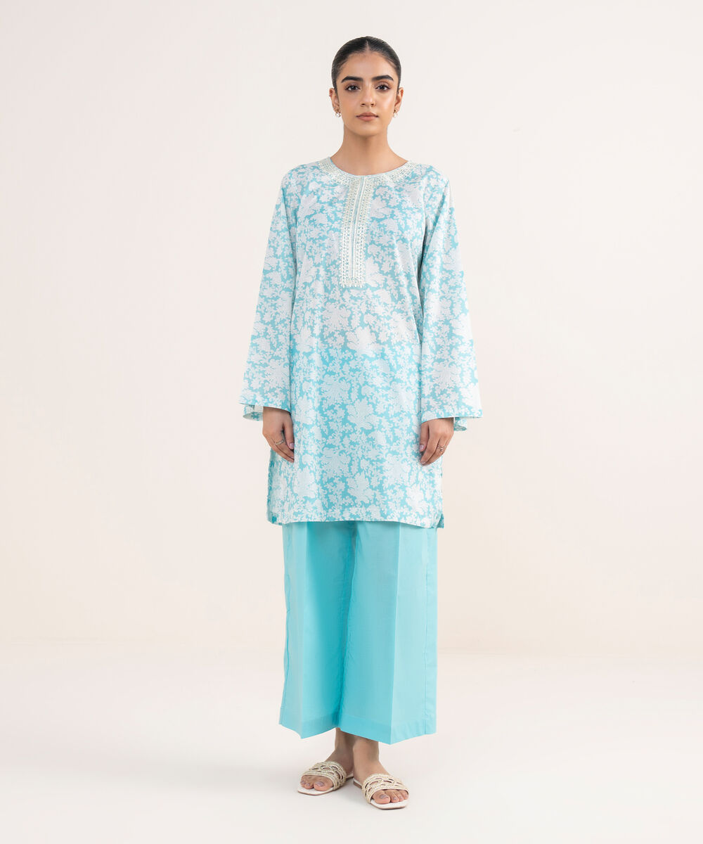 Women's RTW Lawn Blue Embroidered A-Line Shirt