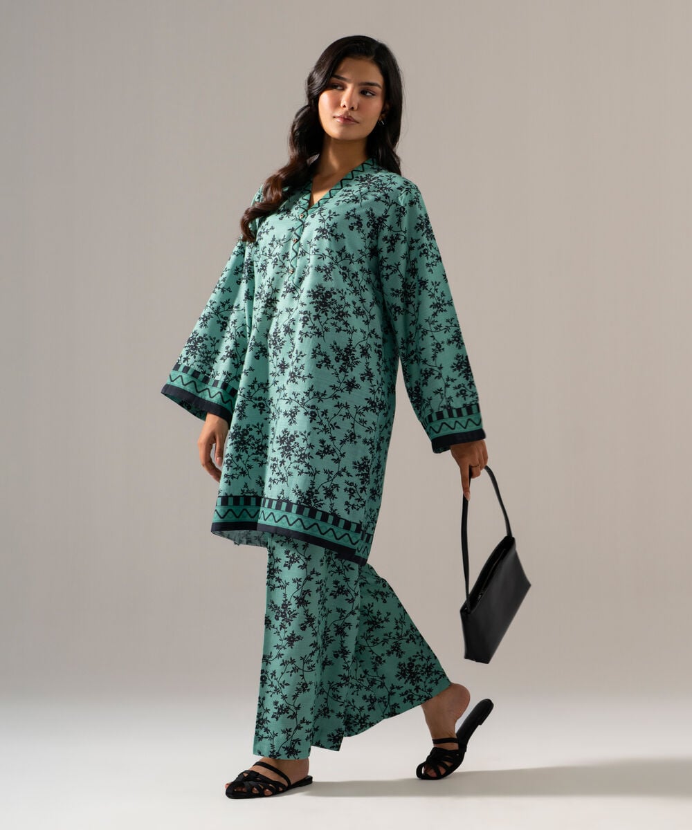 Women's RTW Khaddar Printed Seafoam Green 2 Piece Suit