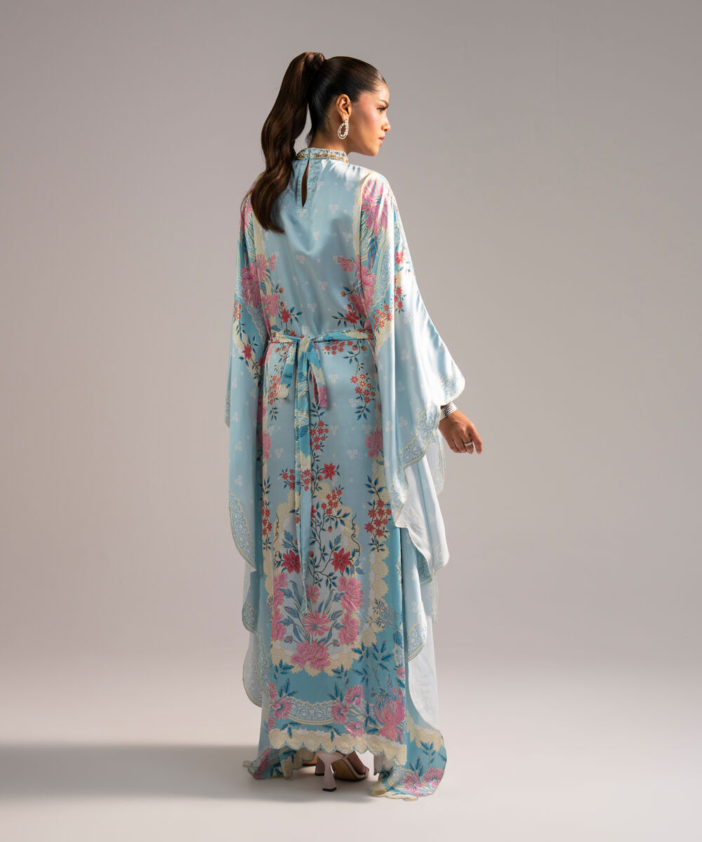 Women's RTW Blended Satin Printed Blue Kaftan