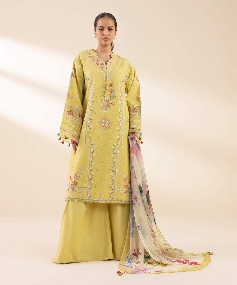 Women's Unstitched Dobby Embroidered Yellow 3 Piece Suit