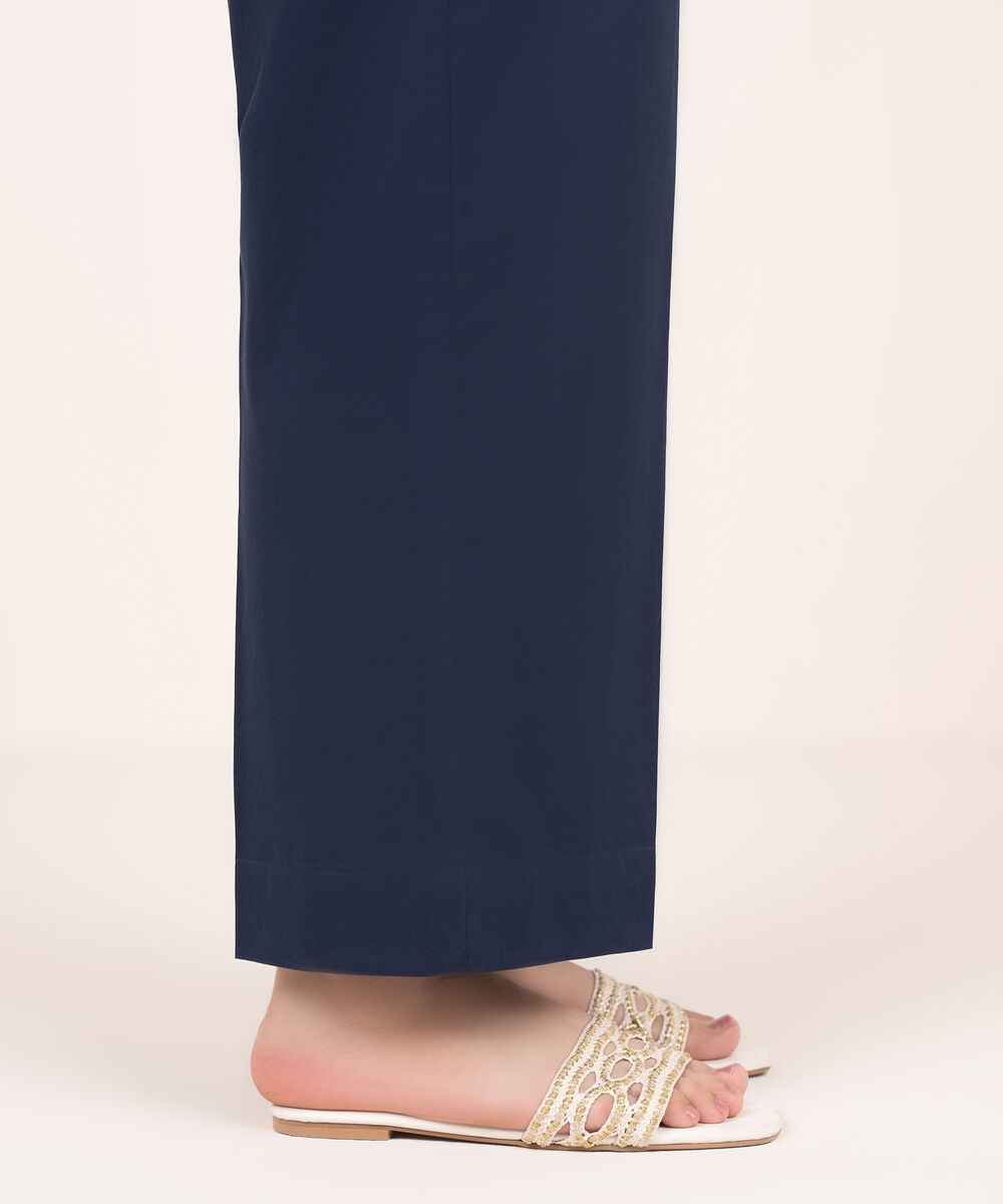 Women's RTW Cambric Blue Solid Straight Pants