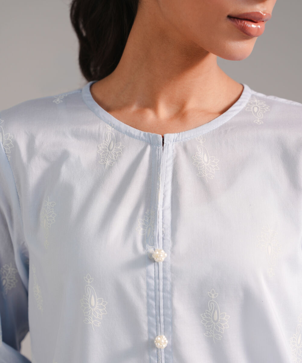 Women's RTW Lawn Printed Ice Blue Straight Shirt