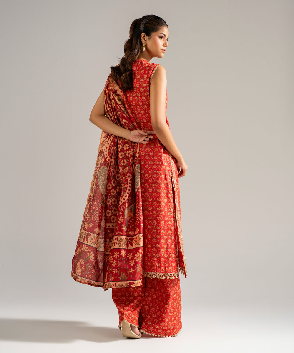 Women's RTW Dobby Embroidered Rust 3 Piece Suit