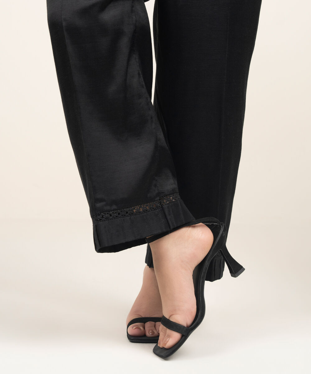 Women's RTW Viscose Raw Silk Solid Black Culottes
