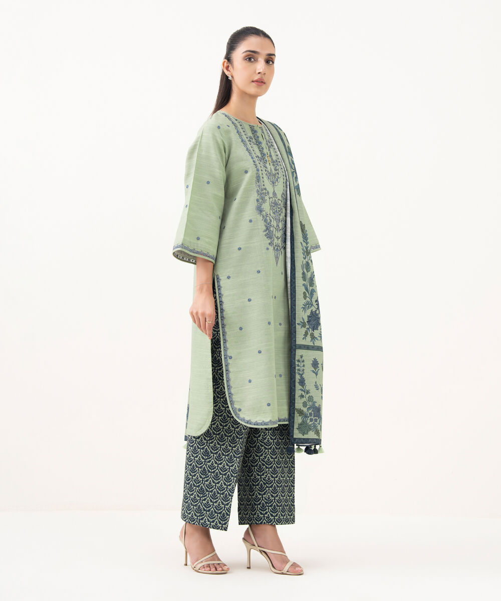 Women's Unstitched Light Khaddar Embroidered Green 3 Piece Suit