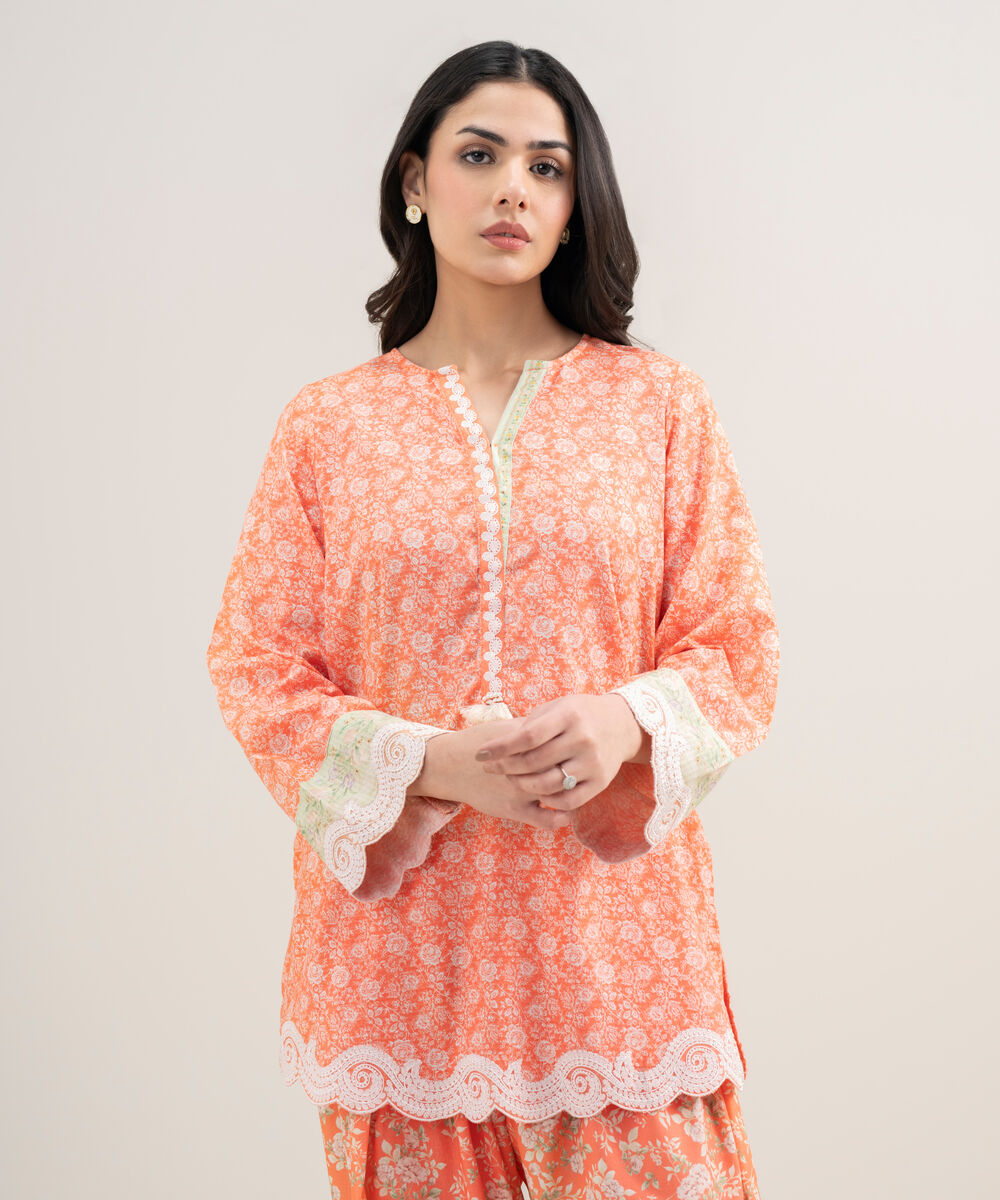Women's RTW Dobby Embroidered Orange Straight Shirt