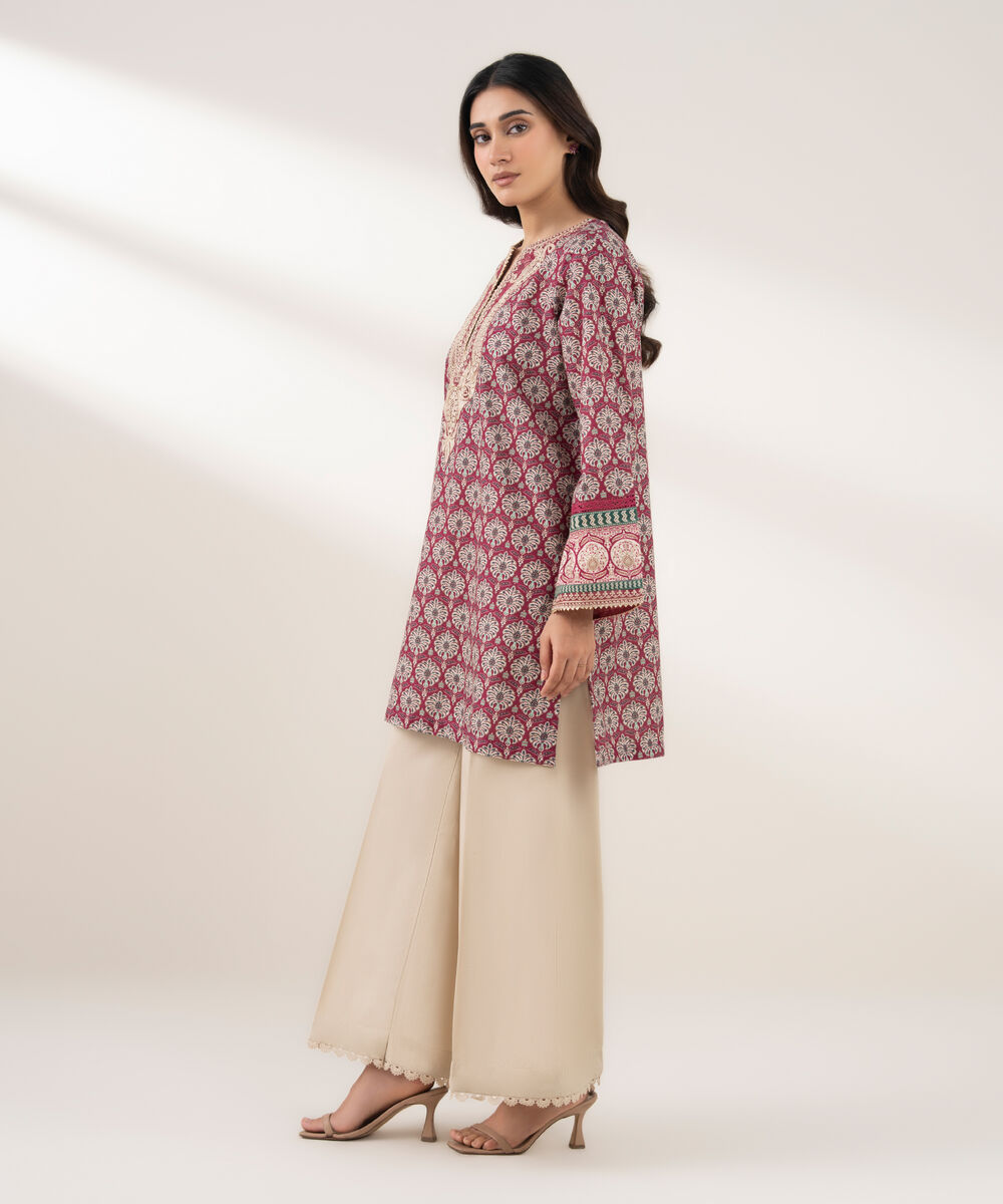 Women's RTW Cotton Embroidered Straight Pink Shirt