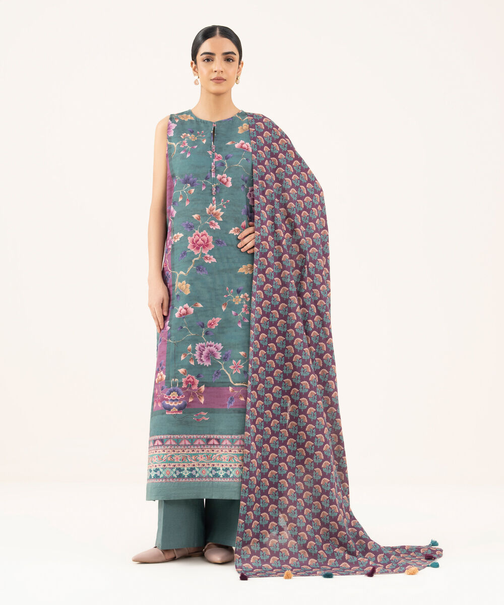 Women's Unstitched Khaddar Printed Green 3 Piece Suit