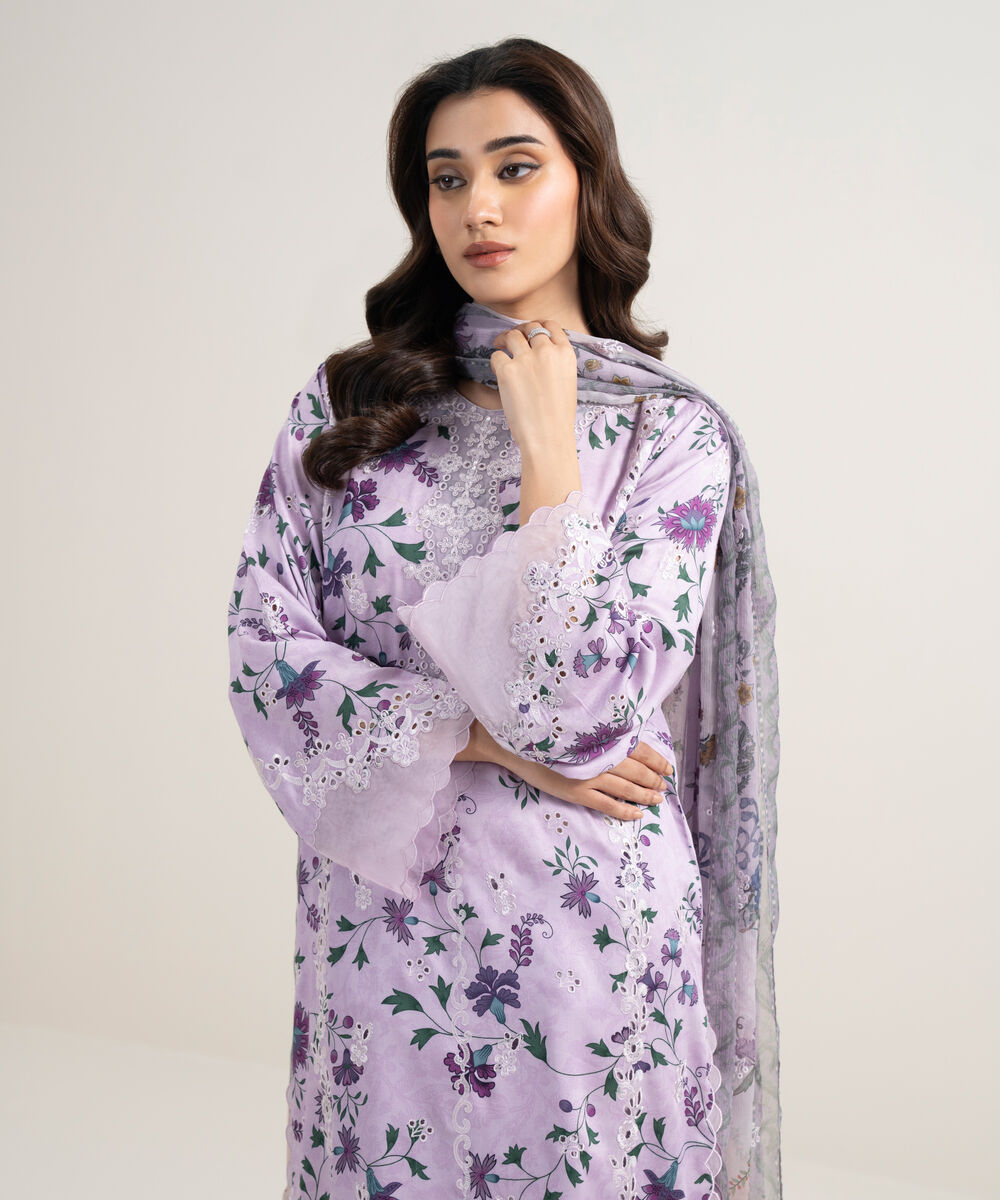 Women's Unstitched Viscose Satin Embroidered Purple 3 Piece Suit