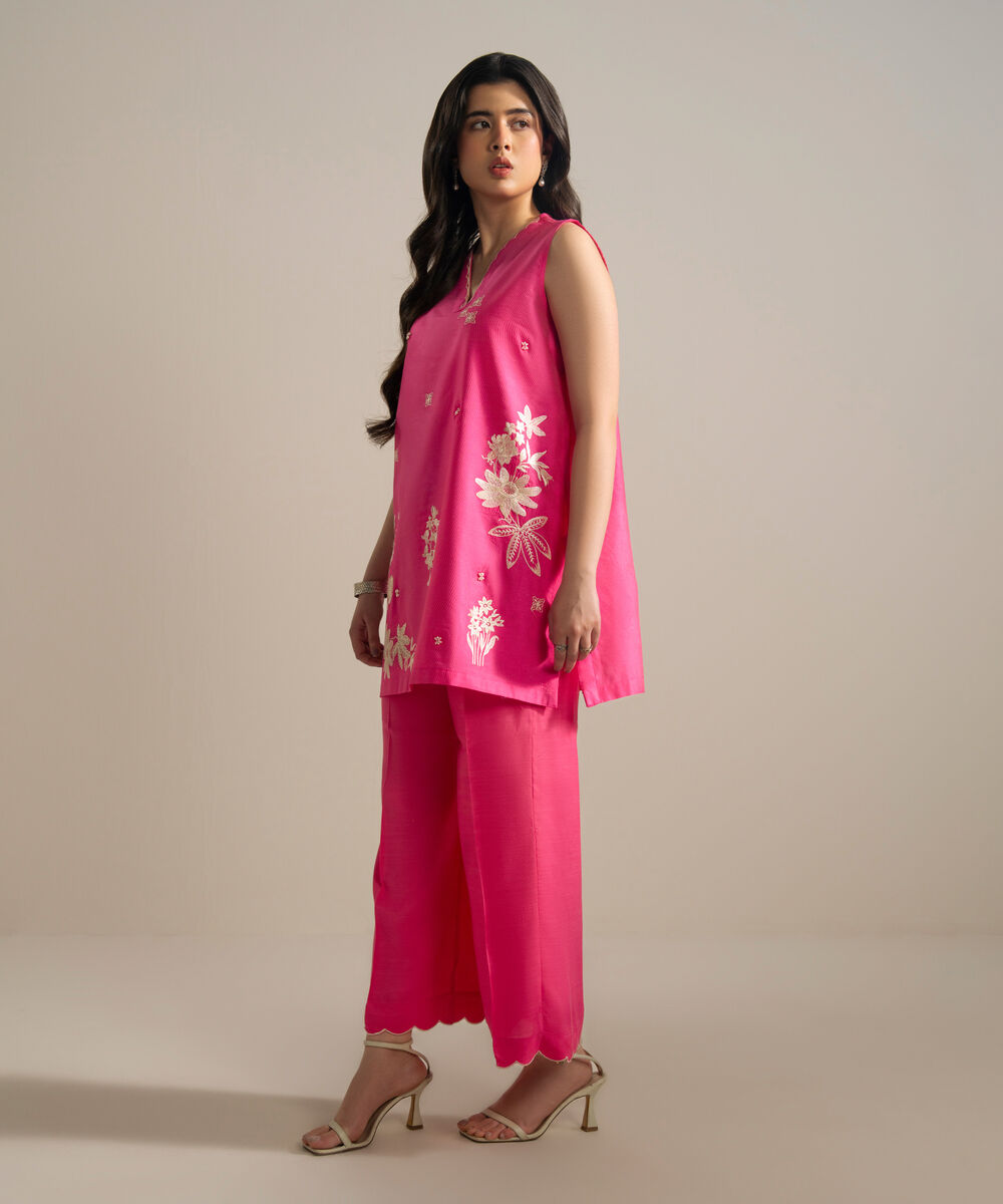 Women's RTW Silk Cotton Net Embroidered Pink 2 Piece Suit