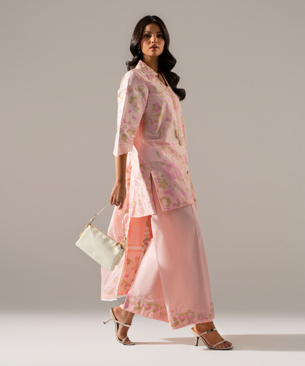 Women's RTW Lawn Solid Embroidered Pink 3 Piece Suit