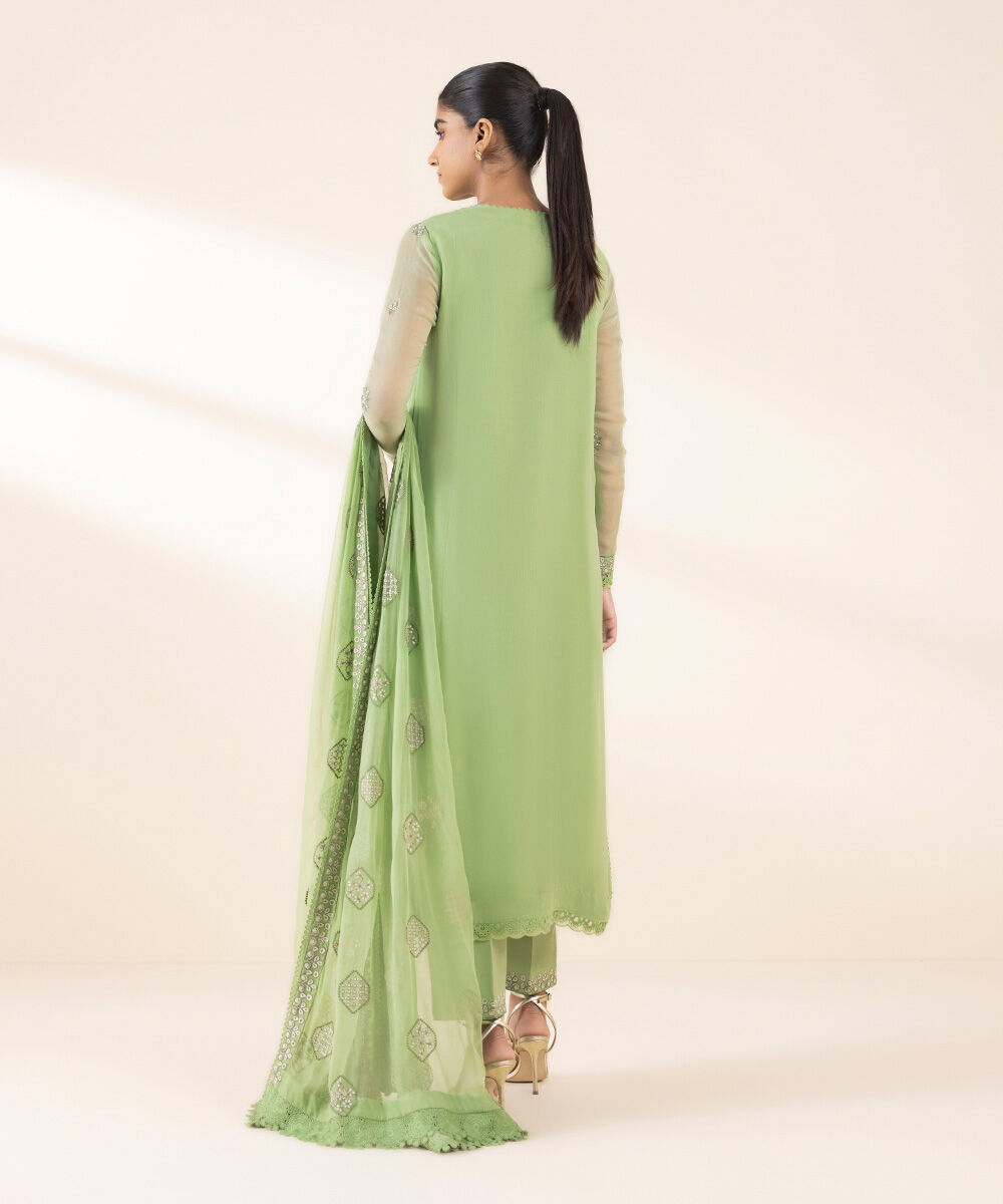 Women's Unstitched Green Blended Chiffon, Chiffon 3 Piece Suit