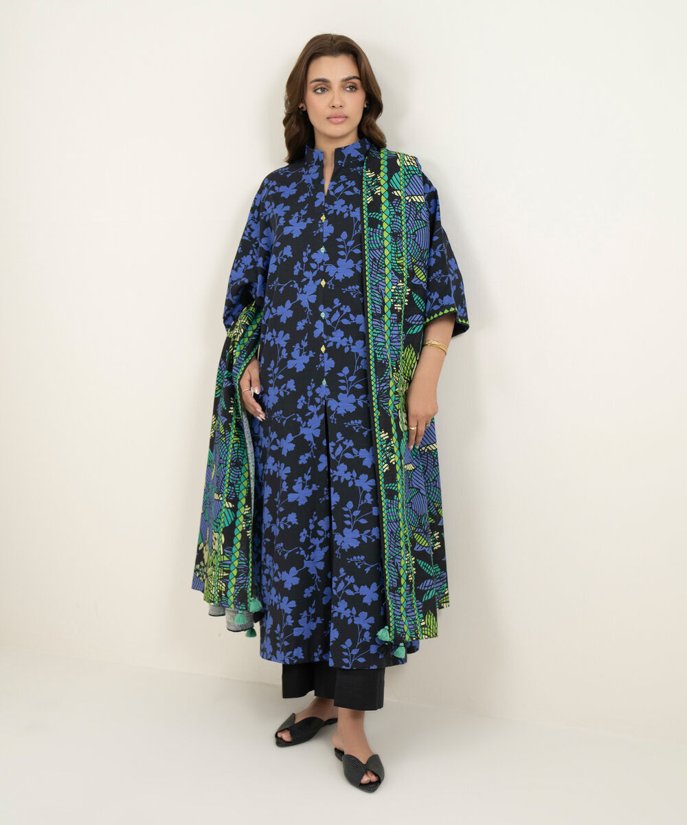 Women's Three Piece Blue and Black Khaddar Printed Suit