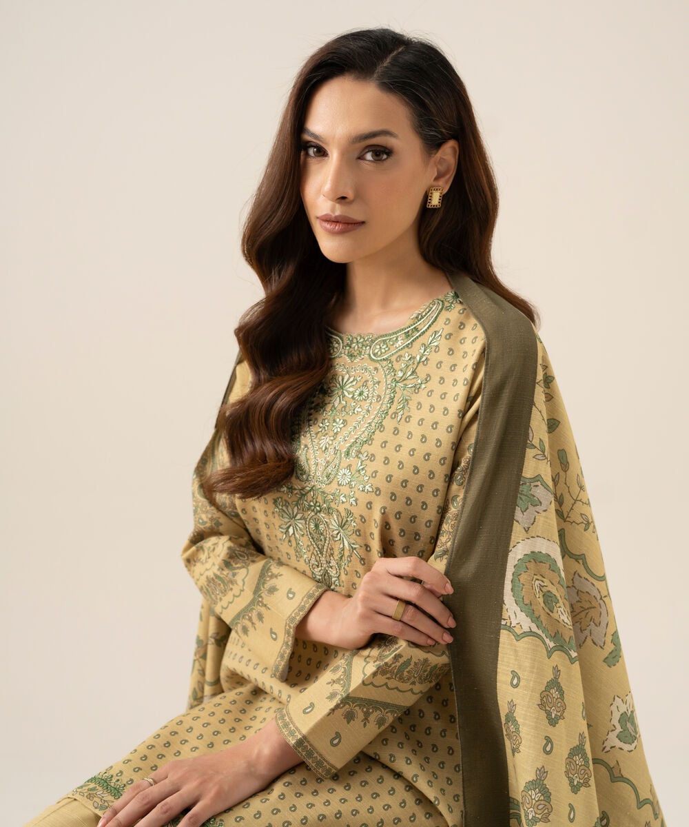 Women's Unstitched Cotton Embroidered Beige 3 Piece Suit
