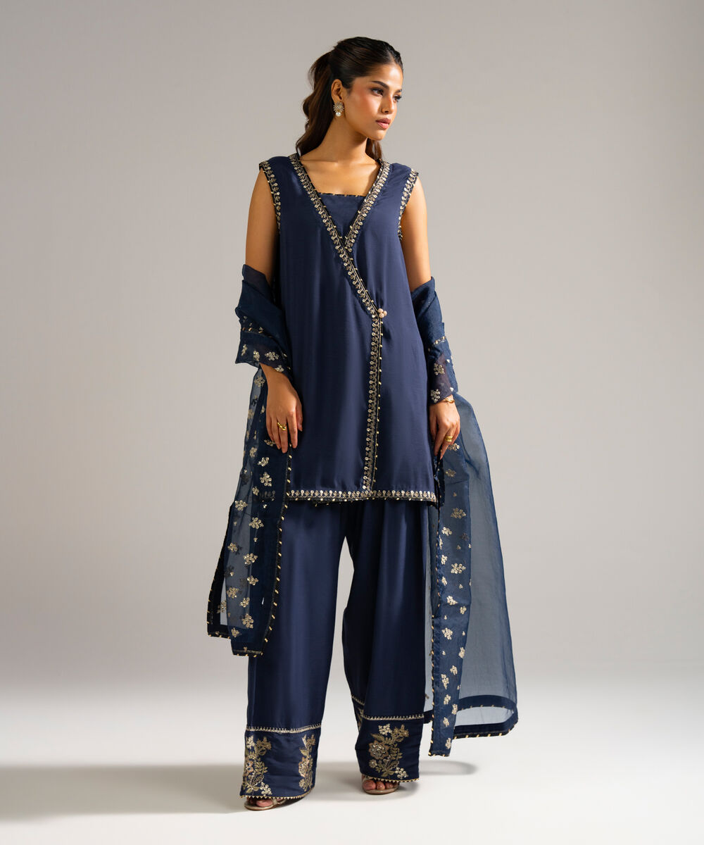 Women's RTW Raw Silk Embroidered Black 3 Piece Suit