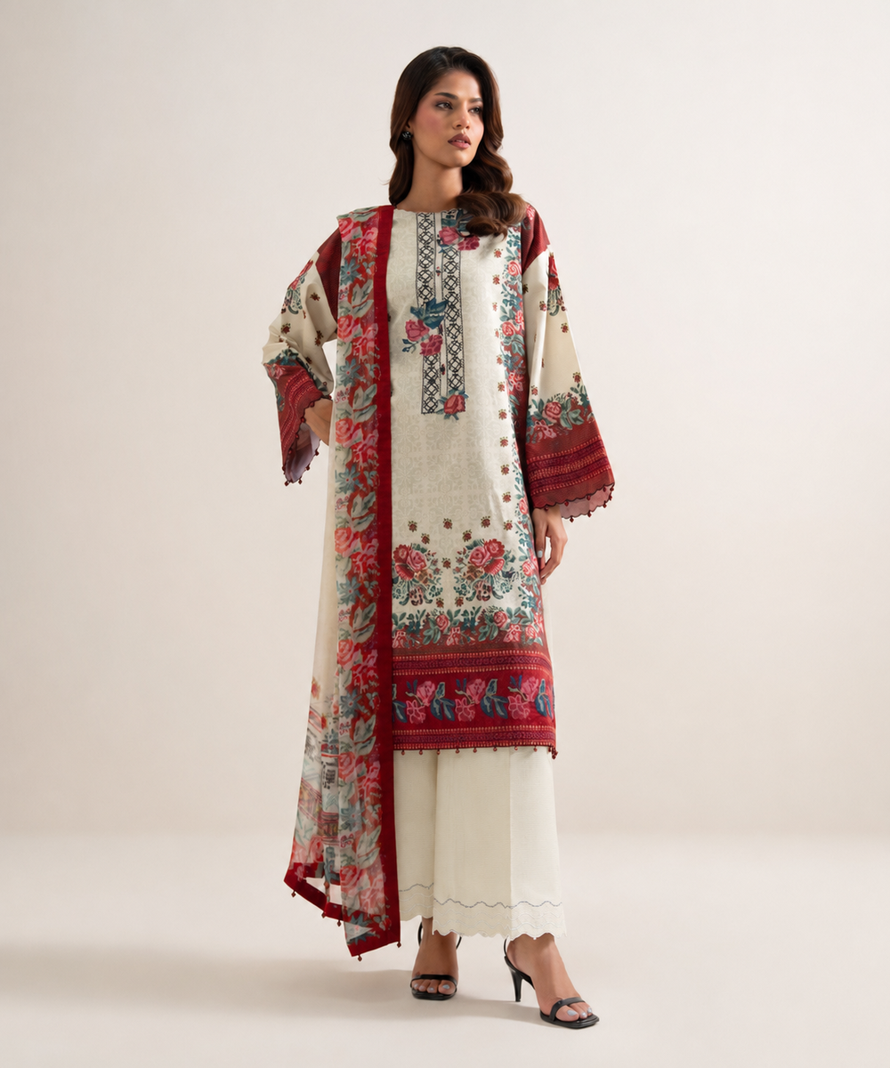 Women's Unstitched Zari Cotton Embroidered Multi 3 Piece Suit