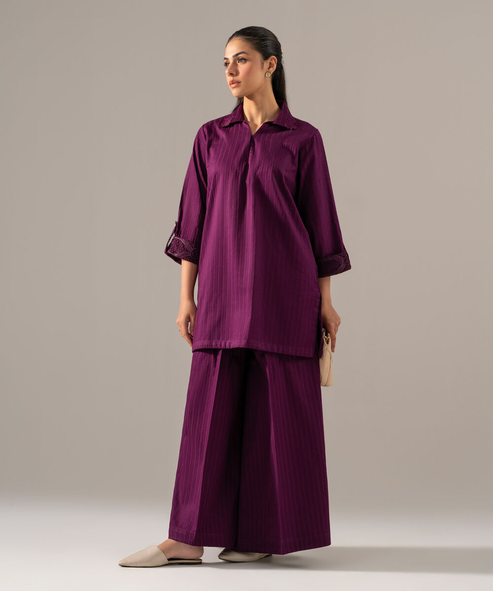 Women's RTW Dobby Strip Solid Purple 2 Piece Suit