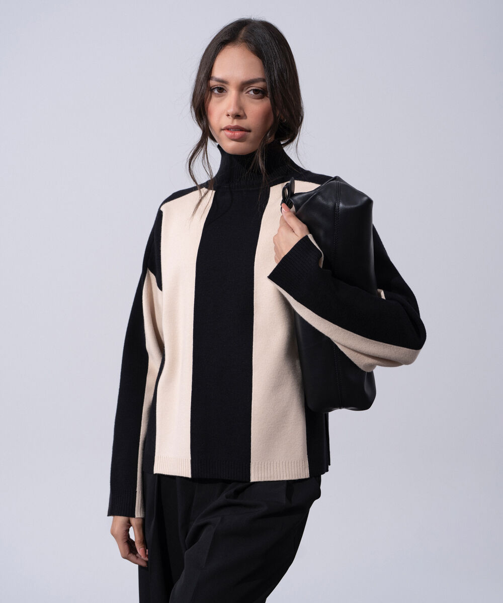 Women's Western Wear Beige And Black Loose-Fit High Neck Sweater