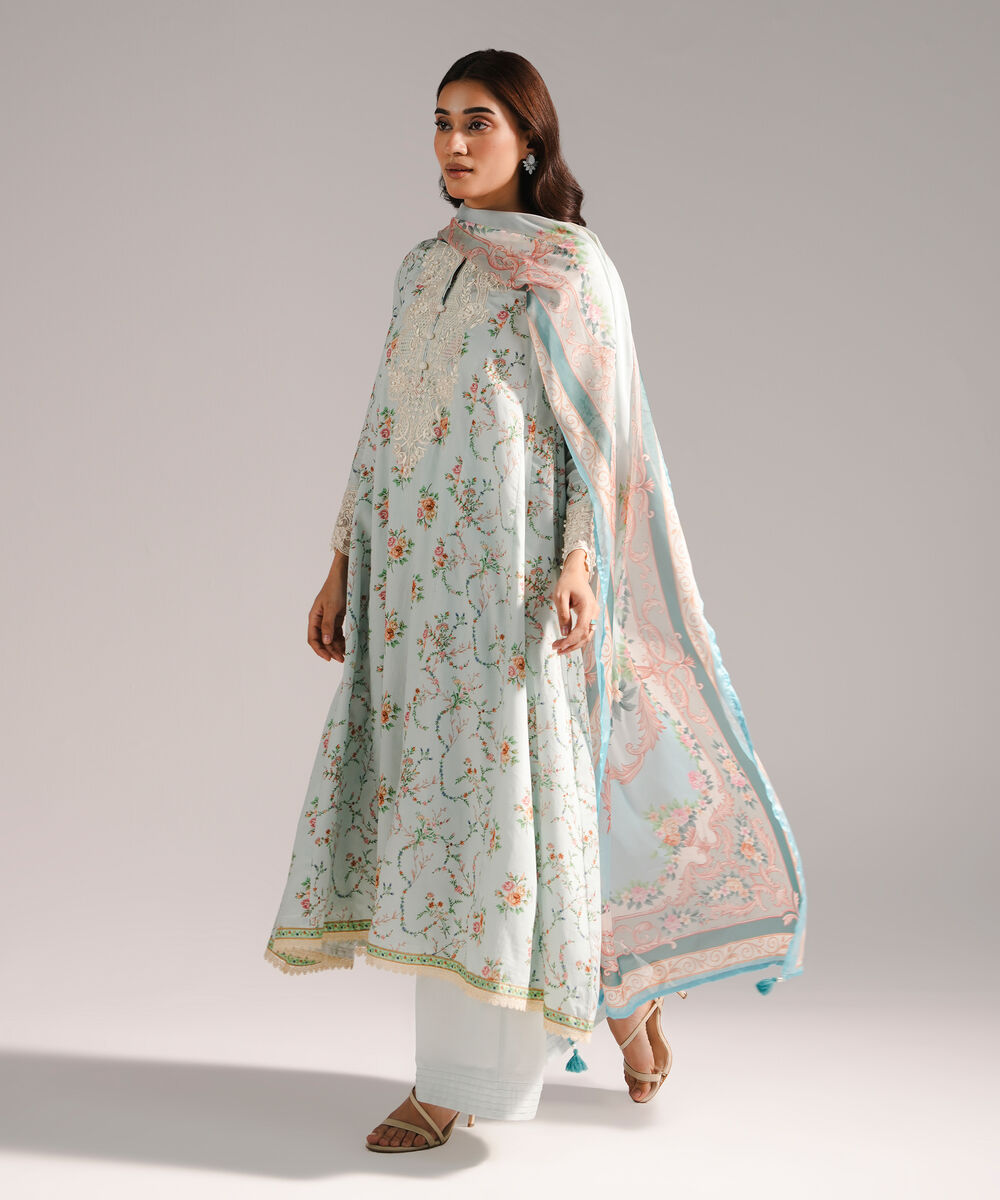 Women's RTW Cotton Satin Embroidered Light Blue 3 Piece Suit