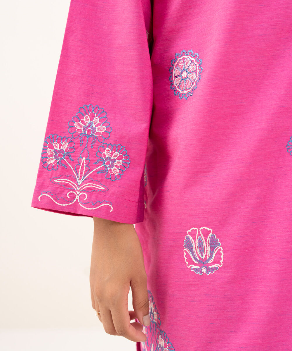Women's RTW Textured Cotton Pink Embroidered A-Line Shirt