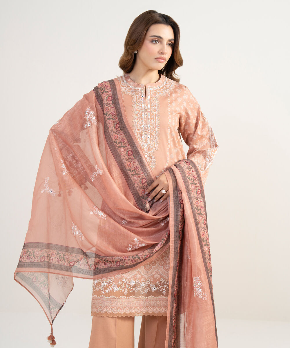 Women's Unstitched Lawn Embroidered Pink 3 Piece Suit