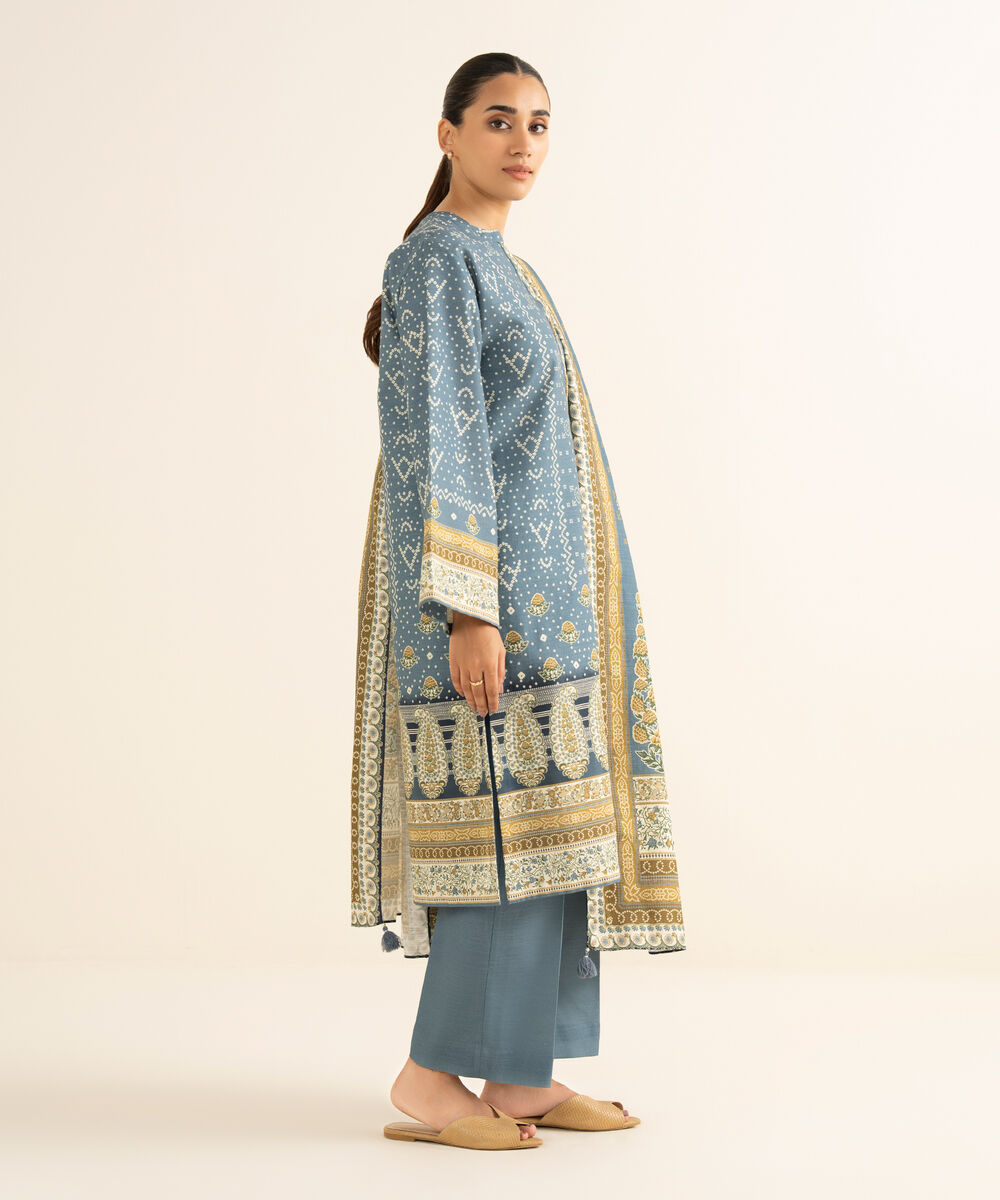 Women's Unstitched Khaddar Printed Blue 3 Piece Suit